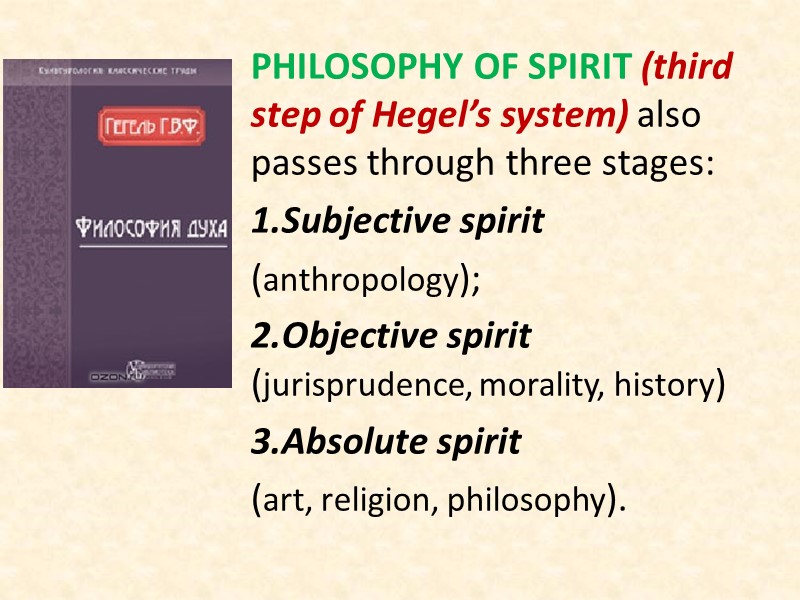 Philosophy of Spirit (third step of Hegel’s system) also passes through three stages: 